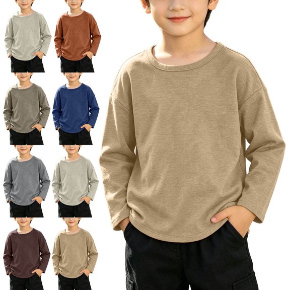 WAVSUF Boys Cotton Tee Soft Comfort Lightweight Long Sleeve Crew Neck Fall Casual Comfort Undershirt Yellow 10-12
