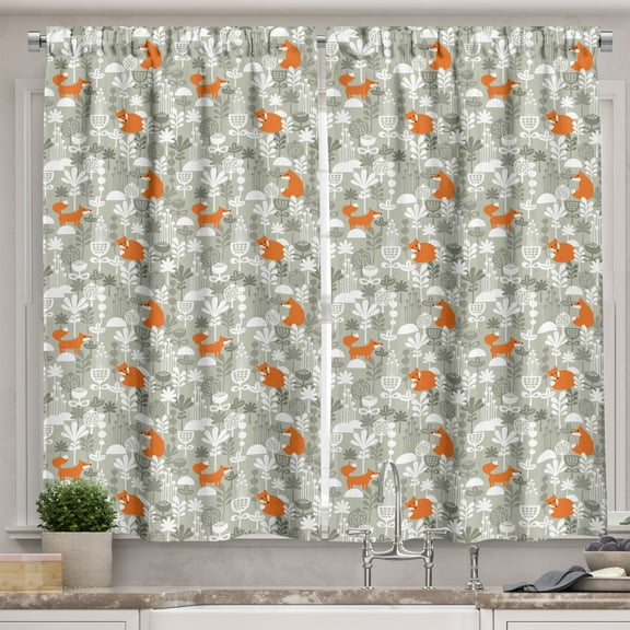 Ambesonne Fox Kitchen Curtains, Winter Forest with Flowers, 55"x39", Pale Grey Orange