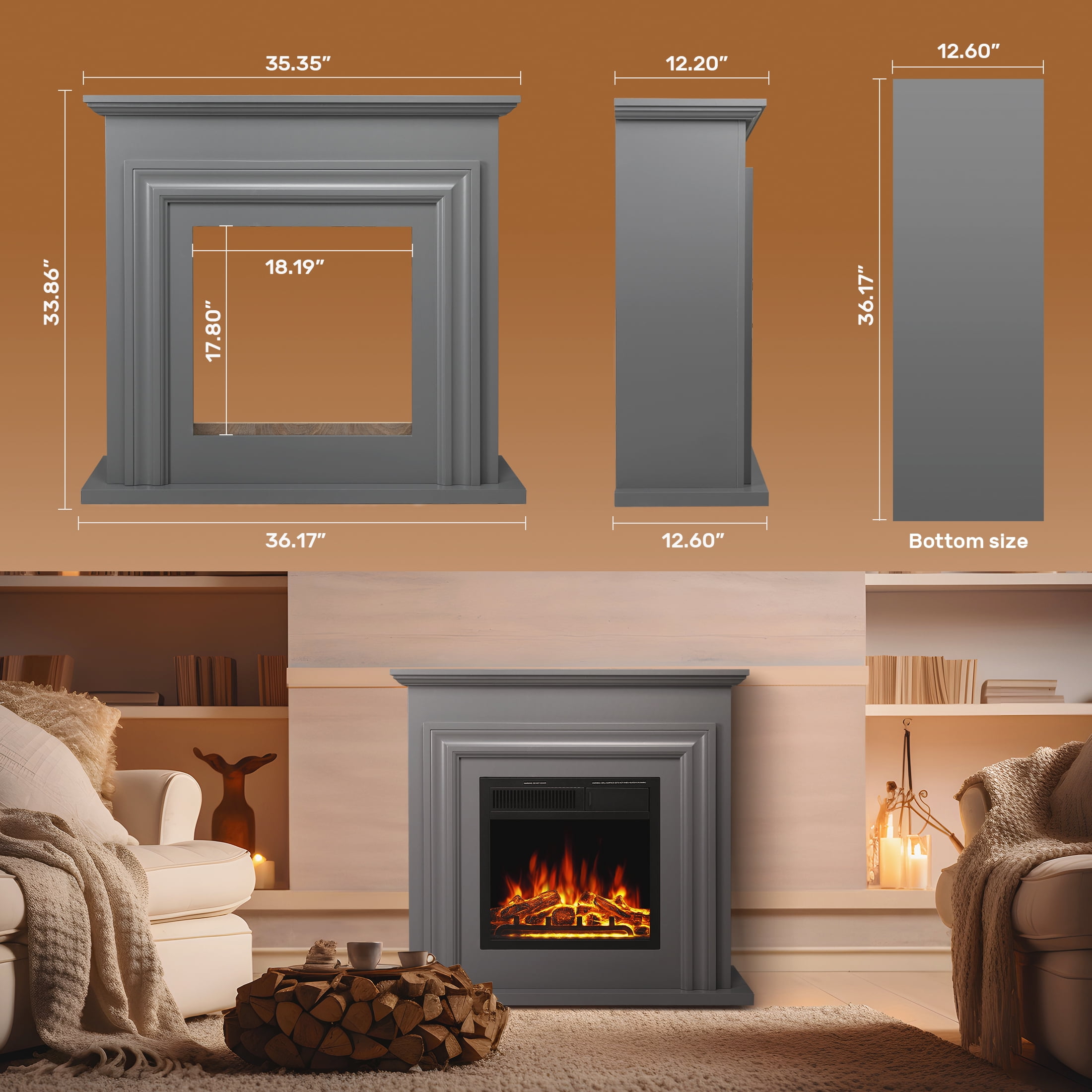KISSAIR Electric Fireplace Mantel Wooden Surround Firebox, Free Standing Fireplace, with Remote Control, Adjustable LED Flame, 750W/1500W -Grey