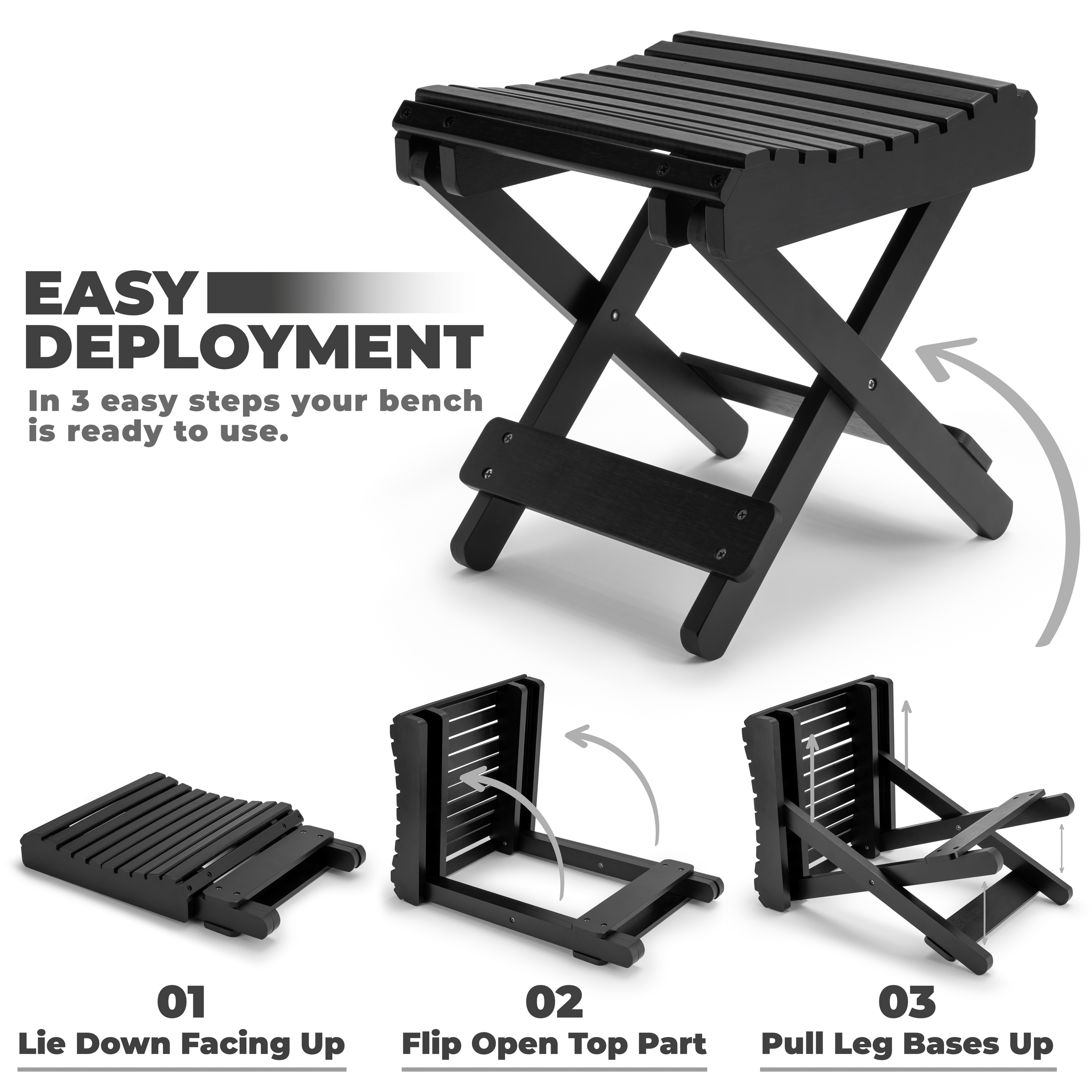 Sorbus Bamboo Folding Step Stool Bench, Portable Collapsible Wooden Seat, Black