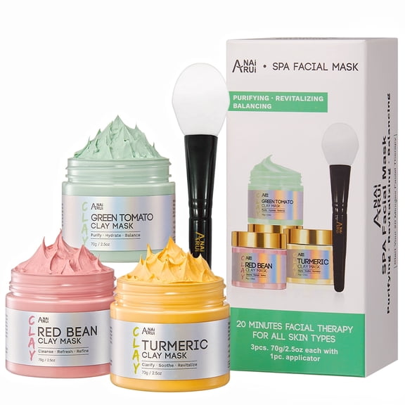 ANAiRUi 3-in-1 Clay Mask Set, Green Tomato Turmeric Vitamin C & Red Bean Mud Mask for Cleansing & Nourishing