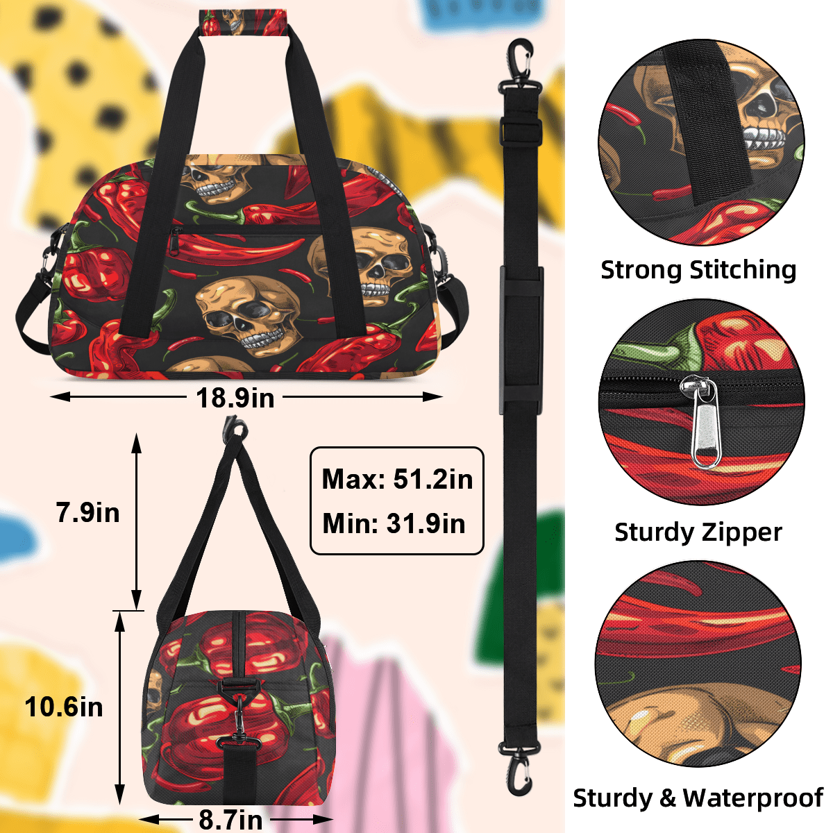 Herdesigns Skull Sports Duffle Bag for Women & Men, Chilli Pepper Gym Bag Dance Bag Overnight Bag Carry On Weekender Travel Bag