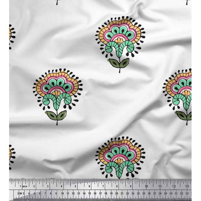 Soimoi Polyester Crepe Fabric Leaves & Floral Block Decor Fabric Printed Yard 52 Inch Wide