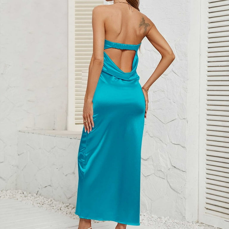 bridesmaid dress backless Silver Long Chiffon Bridesmaid Dresses Thigh Split Halter Backless Formal Dress ARD1424 main image 0