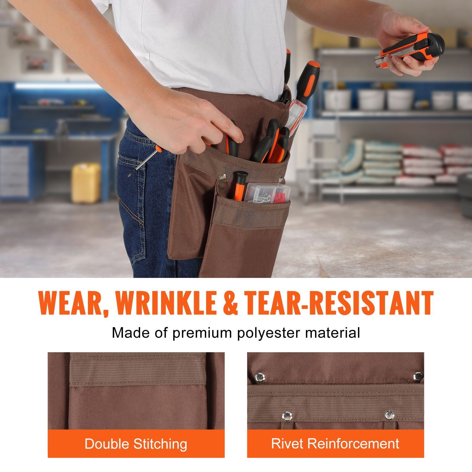 Polyester Tool Belt with Reinforced Stitching Rivets, Heavy Duty Adjustable Work Belt, Comfortable No-Itch Tool Pouch for DIY Construction Carpenter