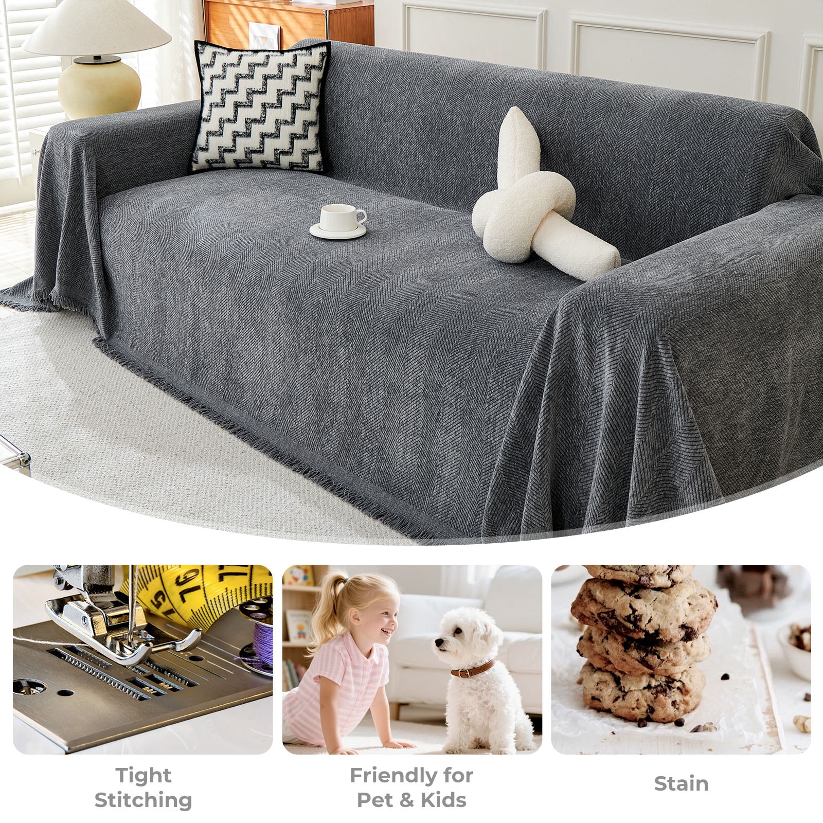 Sanmadrola Sofa Cover Non Slip Couch Cover for 3 Cushion Couch Machine Washable Furniture Protector for Dogs Pet Chenille Throw Slipcover Blanket for Living Room (Gray, 91"x134")