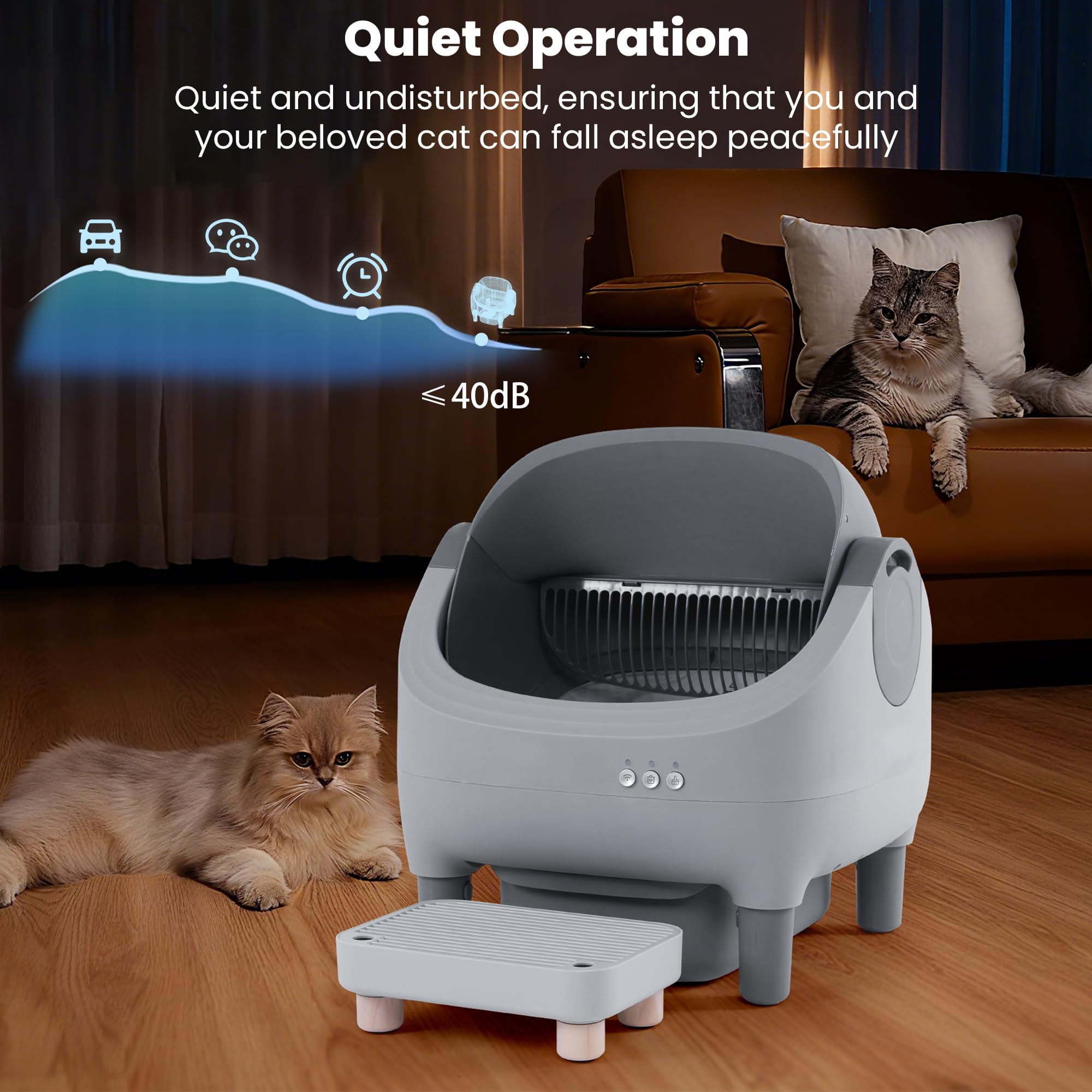 Upgraded Automatic Litter Box Self Cleaning, with Raised Step, Open Top Large Capacity for Multiple Cats, Odor Control ,Safety Protection , Smart App Control ,Health Monitoring ,Quiet Operation