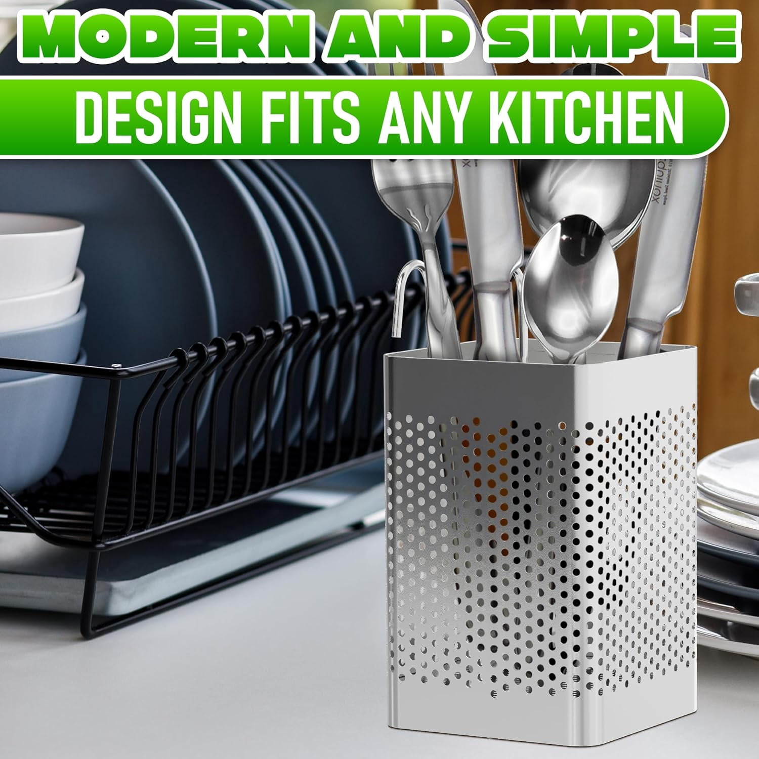 Dishwasher Chopstick Basket – 2.75" x 2.75" x 3.93" Stainless Steel Utensil Holder | Rust-Resistant Perforated Caddy with Hooks for Organizing Chopsticks, Straws, Teaspoons, and Small Kitchen Tools