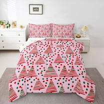 Manfei Pink Xmas Tree Bedding Comforter Set for Teen, Cartoon Dots Stripes Twin Comforter Sets, Merry Christmas Reversible Bedding Set, Breathable Home Decor, 2pcs