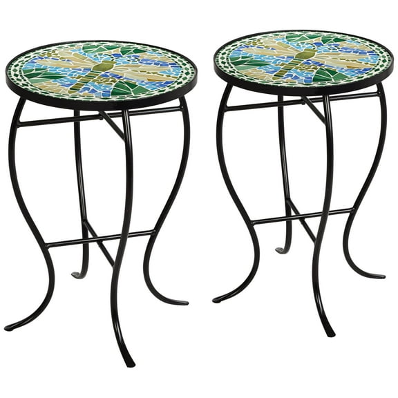 Teal Island Designs Black Round Outdoor Accent Side Tables 14" Wide Set of 2 Green Dragonfly Tabletop for Front Porch Patio Home House