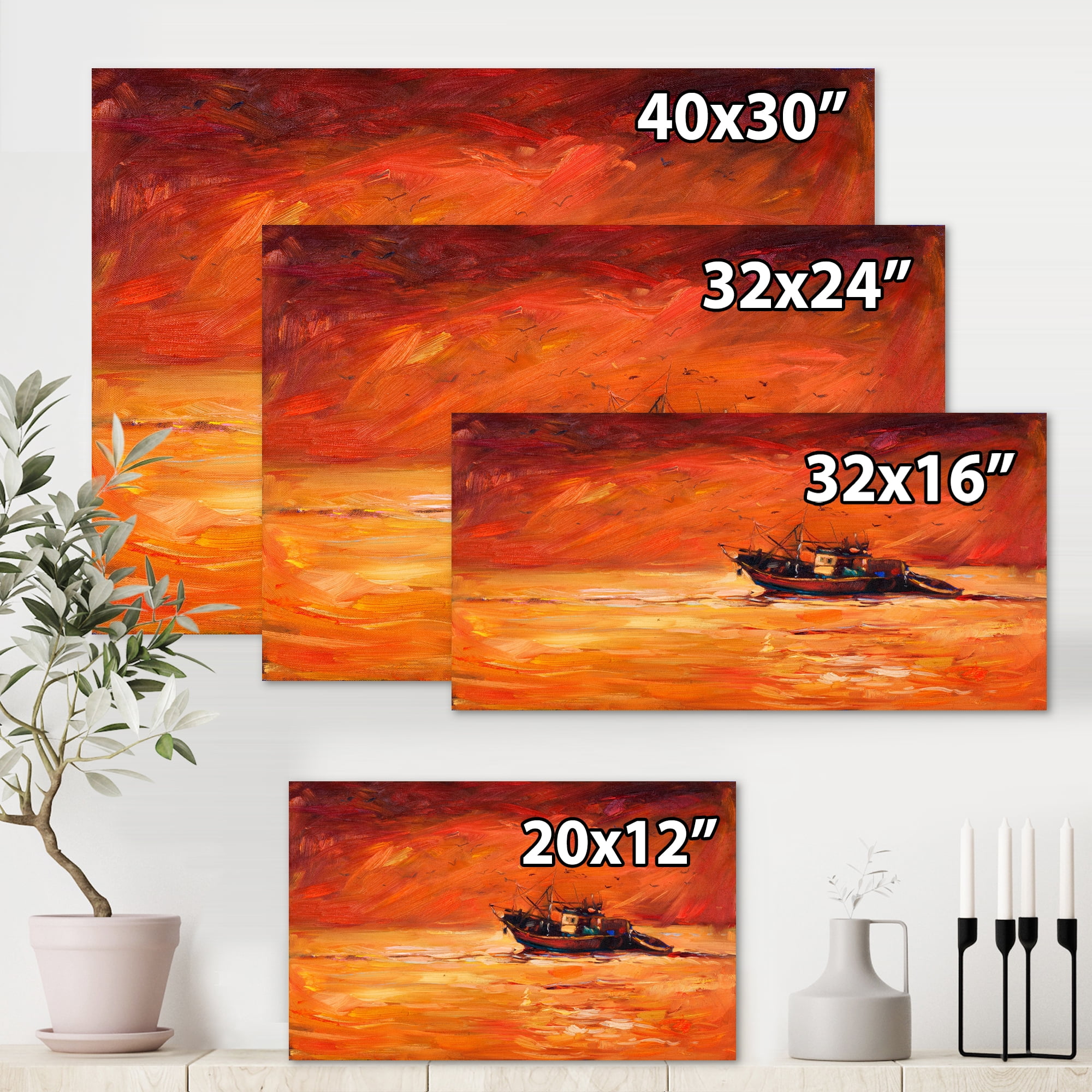 Designart ' Fishing Boat During Red Evening Glow ' Nautical & Coastal Canvas Wall Art Print