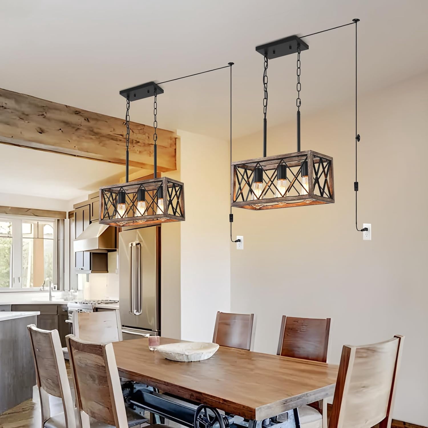 KEESFU 3-Light Farmhouse Pendant Light with Plug-in Cord, Rustic Wood Ceiling Fixture for Kitchen, Dining Room, Living Room