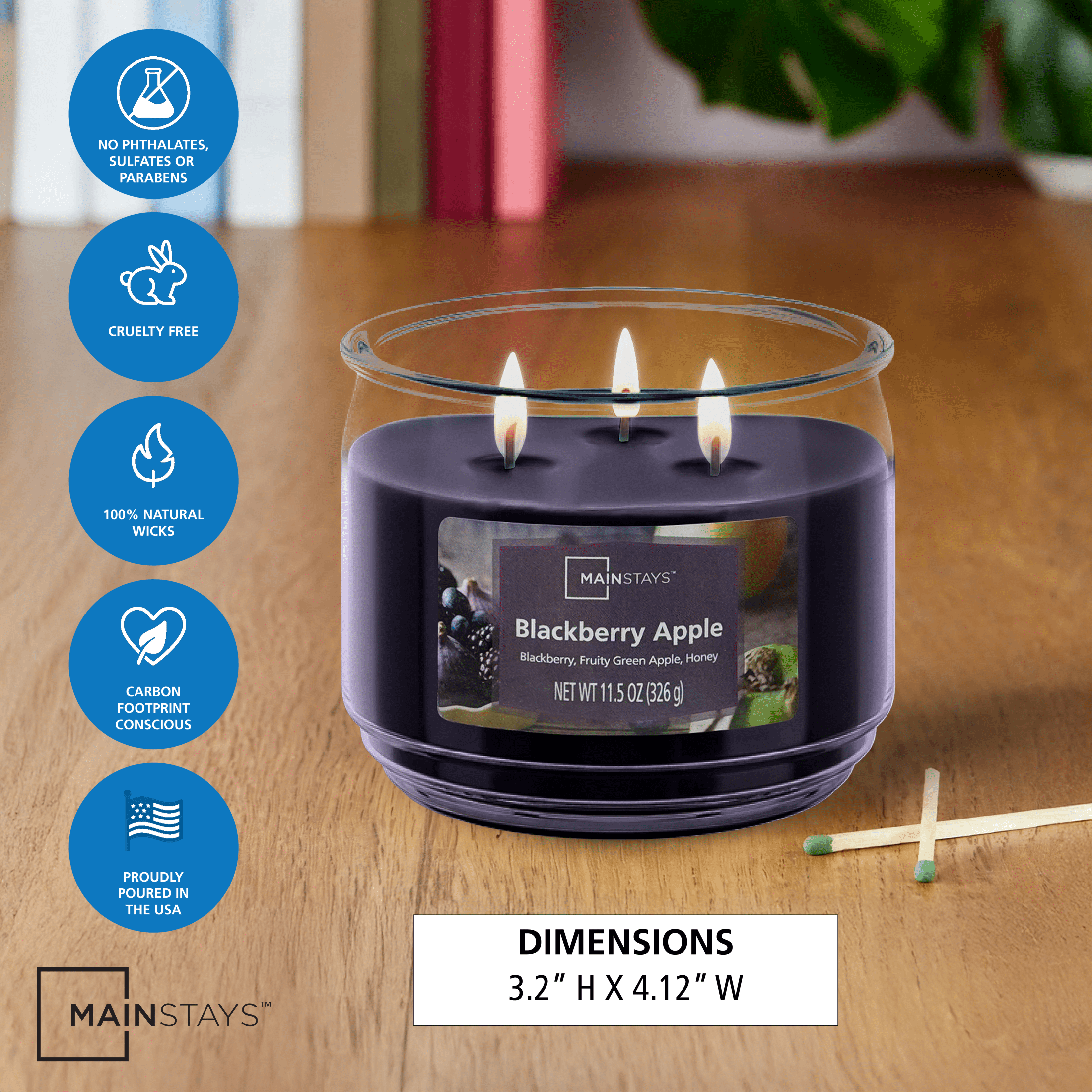 (4 pack) Mainstays Blackberry Apple 3-Wick Scented Glass Jar Candle, 11.5 oz