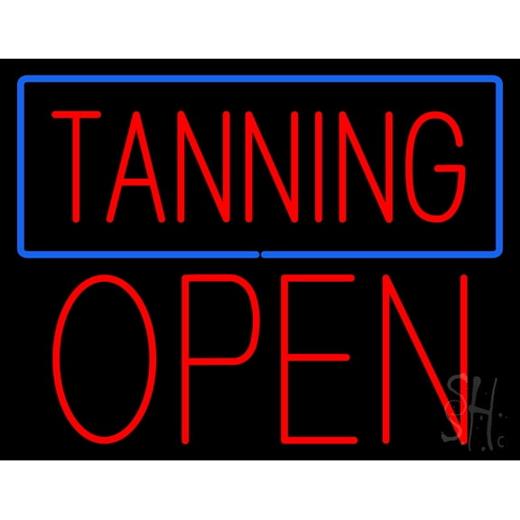 Red Tanning Blue Border Block Open LED Neon Sign 15 x 19 - inches, Black Square Cut Acrylic Backing, with Dimmer - Bright and Premium built indoor LED Neon Sign for Defence Force.