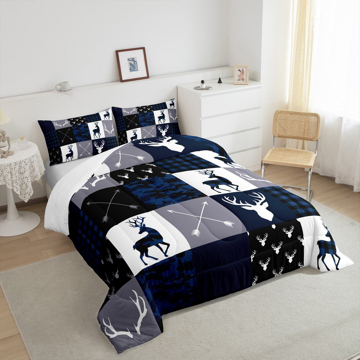 Camo Deer Antlers Comforter Set Toddler,Geometric Plaid Patchwork Bedding Set for Kids Teens Girls Boys Room Decor,Boho Arrow Xmas Quilt Set,Blue Grey Duvet Insert