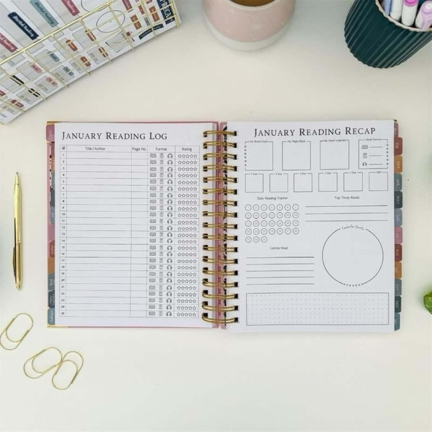 Reading Planner for Book Lovers, Book Tracker Journal with 12 Undated Monthly Planners & 52 Weekly Reading Logs, Log and Review, Gifts for Books Lover & Reader (w)