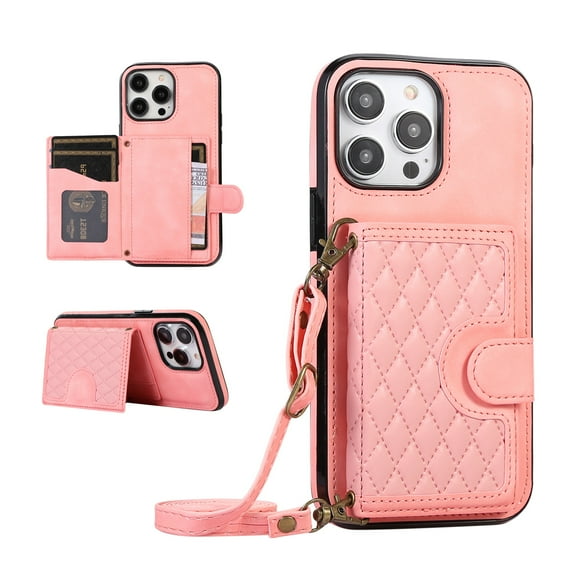 K-Lion Crossbody Wallet Case for iPhone 14 with Card Holder, Shockproof Purse Cover with Removable Crossbody Strap Compatible with iPhone 14,Pink