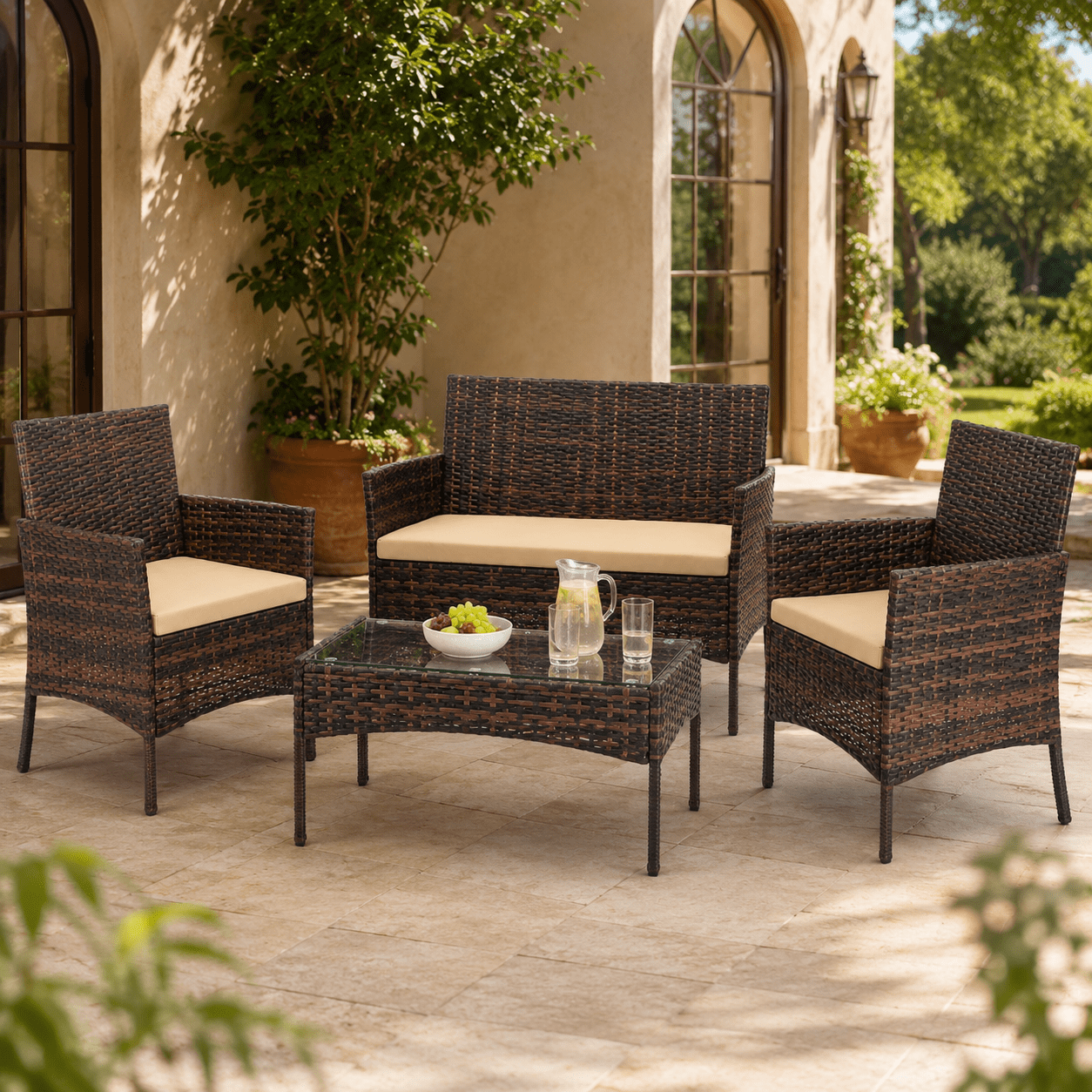 Outdoo Furniture Set, 4 Pieces Wicker Porch Conversation Set w/Cushions, All-weather Hollow Rattan Patio Sectional Sofa Set with Table