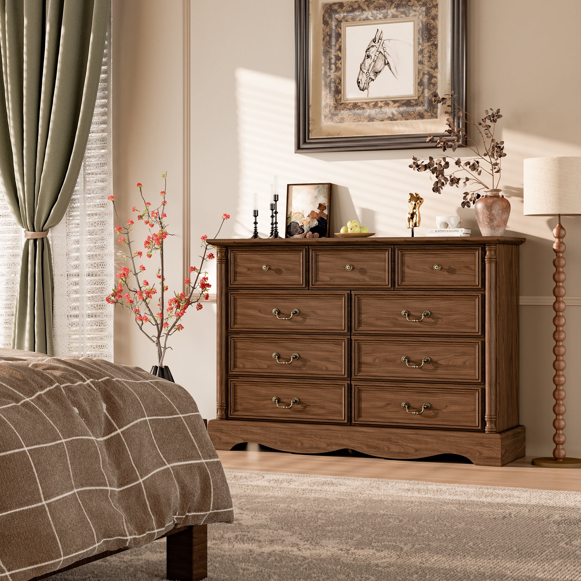 ZBOM 9 Drawer Dresser, 54 Inch Wide Farmhouse Style Chest of Drawers with Charging Station, Distressed Finish Design, Modern Storage Dresser Organizer TV Stand for Bedroom, Living Room，Brown