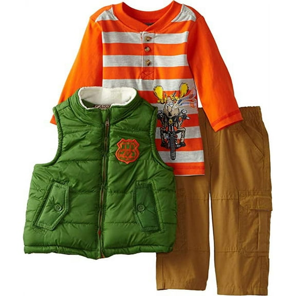 Nannette Baby Boys' 3 Piece Animal Biker Vest with Shirt and Pant, Green, 12 Months