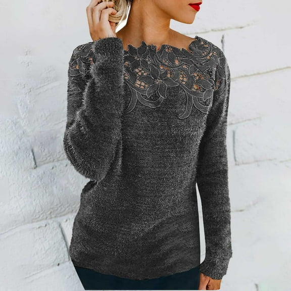 Valueadd Clothing Women's Long Sleeve Pullovers Lace Patchwork Knit Sweater Crewneck Solid Color Casual Knit Pullover Sweater Tops Gray XL