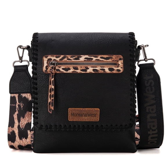 Montana West Crossbody Bags for Women with Dual Compartments Western Crossbody Purse with Leopard Print Guitar Strap, Black