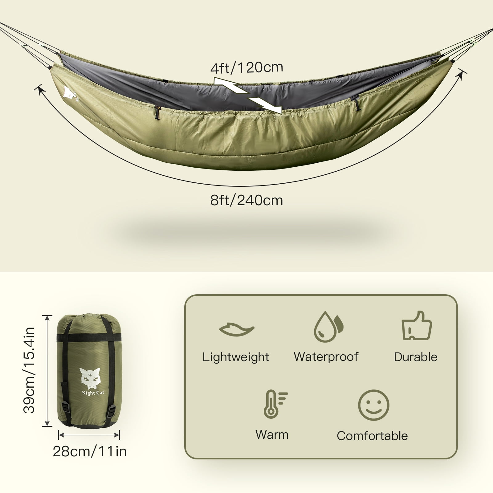 Night Cat Single 1 - Person Camping Hammock, Green