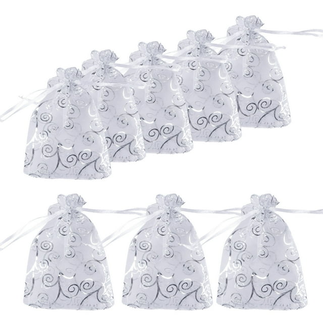EeaseMX 50 bolsitas pequeñas de organza transparente para regalo, con diseño de ratán plateado, para joyería, con cordón ajustable, para bodas, fiestas y Navidad.