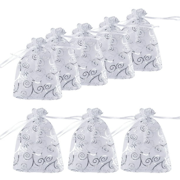 50 bolsitas pequeñas de organza transparente para regalo, con diseño de ratán plateado, para joyería, con cordón ajustable, para bodas, fiestas y Navidad.