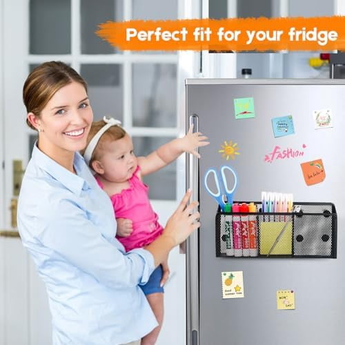 Tekola Magnetic Pencil Holder - Extra Strong Magnets Mesh Marker Holder Perfect for Whiteboard, Refrigerator and Locker Accessories (3 Baskets, 1 Pack Black)