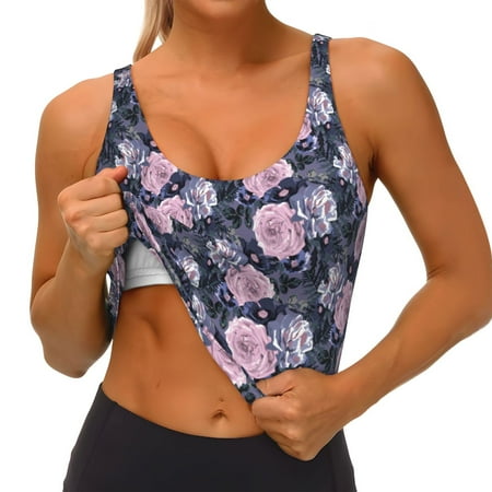 Qokaie Flowers Pattern Womens Scoop Neck Sports Bra Breathable Workout Vest Padded U Back Medium Impact Fitness Gym Yoga Bra Workout Crop Top