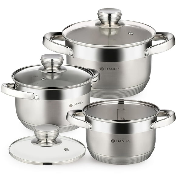 Batería de cocina de inducción Daniks Standard de 6 piezas de acero inoxidable, apta para lavavajillas, escala medidora, tapas de vidrio, para sopa, pasta y estofado, color plateado