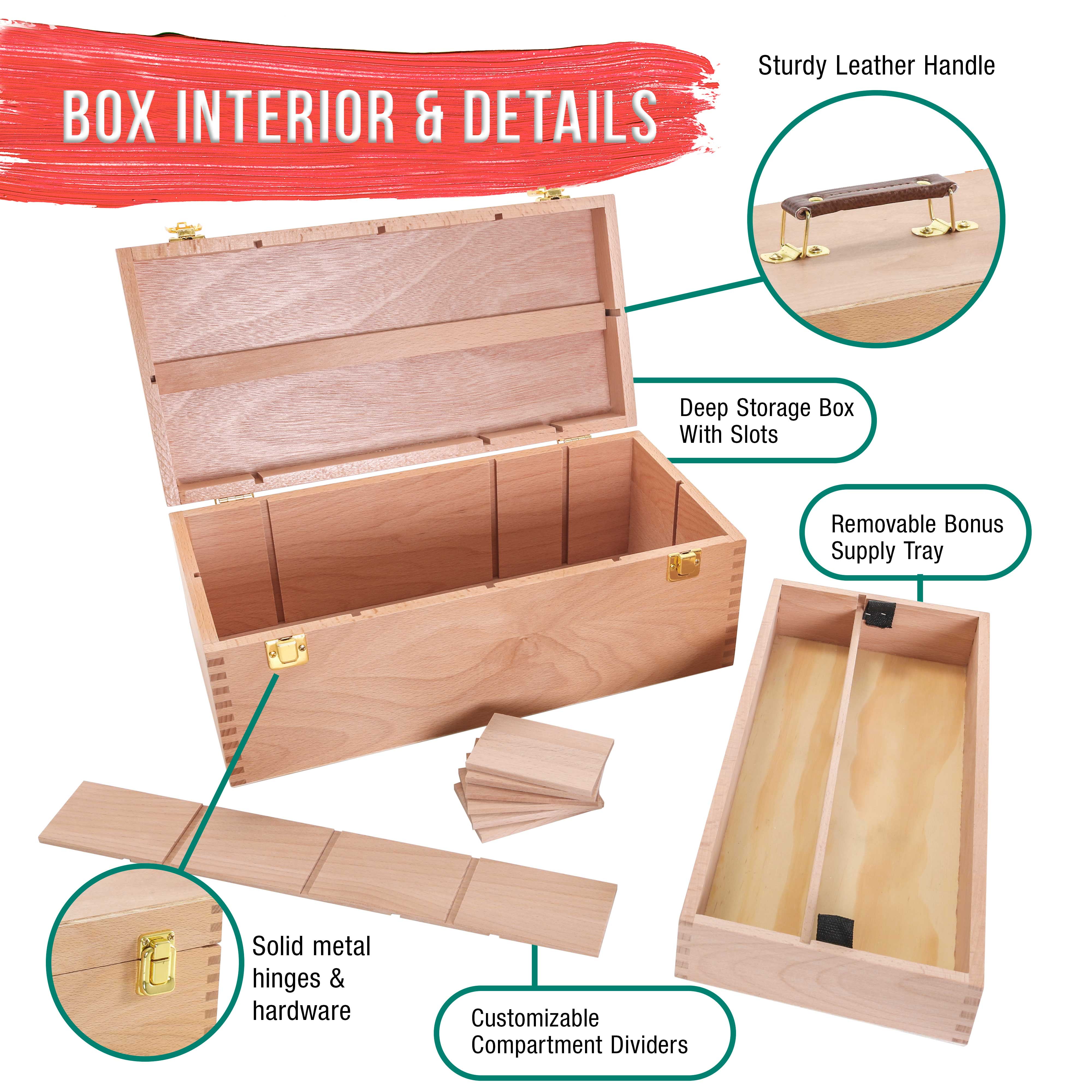 U.S. Art Supply Multi-Function Unfinished Beechwood Artist Tool Storage Box with Removable Tray & Locking Clasps - Protect and Organize and Transport Paints, Pencils, Tools & Supplies
