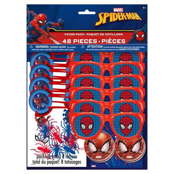 Marvel Spider-Man favor pack containing 48 pieces: red sunglasses with Spider-Man face design, spider rings in red and blue, and eight temporary tattoos featuring Spider-Man images.