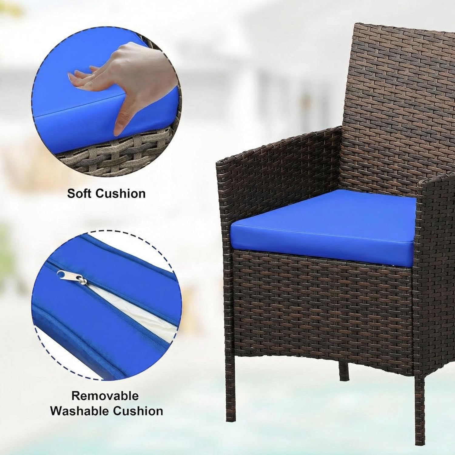 IdealHouse 3 Piece Patio Furniture Set, Rattan Outdoor Furniture with 2 Chairs & Coffee Table, Modern Outdoor Seating Conversation Bistro Set for Garden Backyard Porch (Brown and Blue)