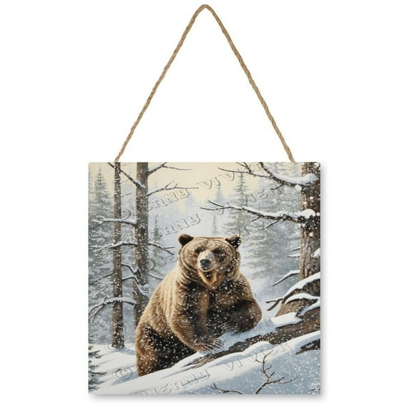Winter Decor Bear Wood Sign Christmas Decorative Sign Rustic Farmhouse Decorations,Wall Hanging Welcome Sign for Front Door 12x12 inches