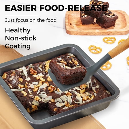 HONGBAKE 8X8 BAKING PAN SET, NONSTICK BROWNIE PAN WITH WIDER GRIPS, 2 PIECES SQUARE CAKE PAN, HEAVY DUTY, GREY