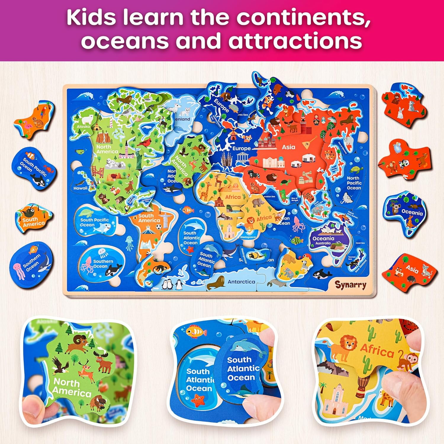 SYNARRY Wooden Puzzles for Kids Ages 3-8, USA, World Map & Solar System Jigsaw Puzzle Set, Wood Jigsaw Puzzles Educational Games Toys Gifts for Boys Girls