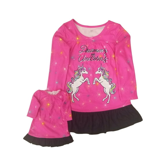 Girls Hot Pink & Black Dreaming Of Unicorns Matching Nightgown Pajama Set 12