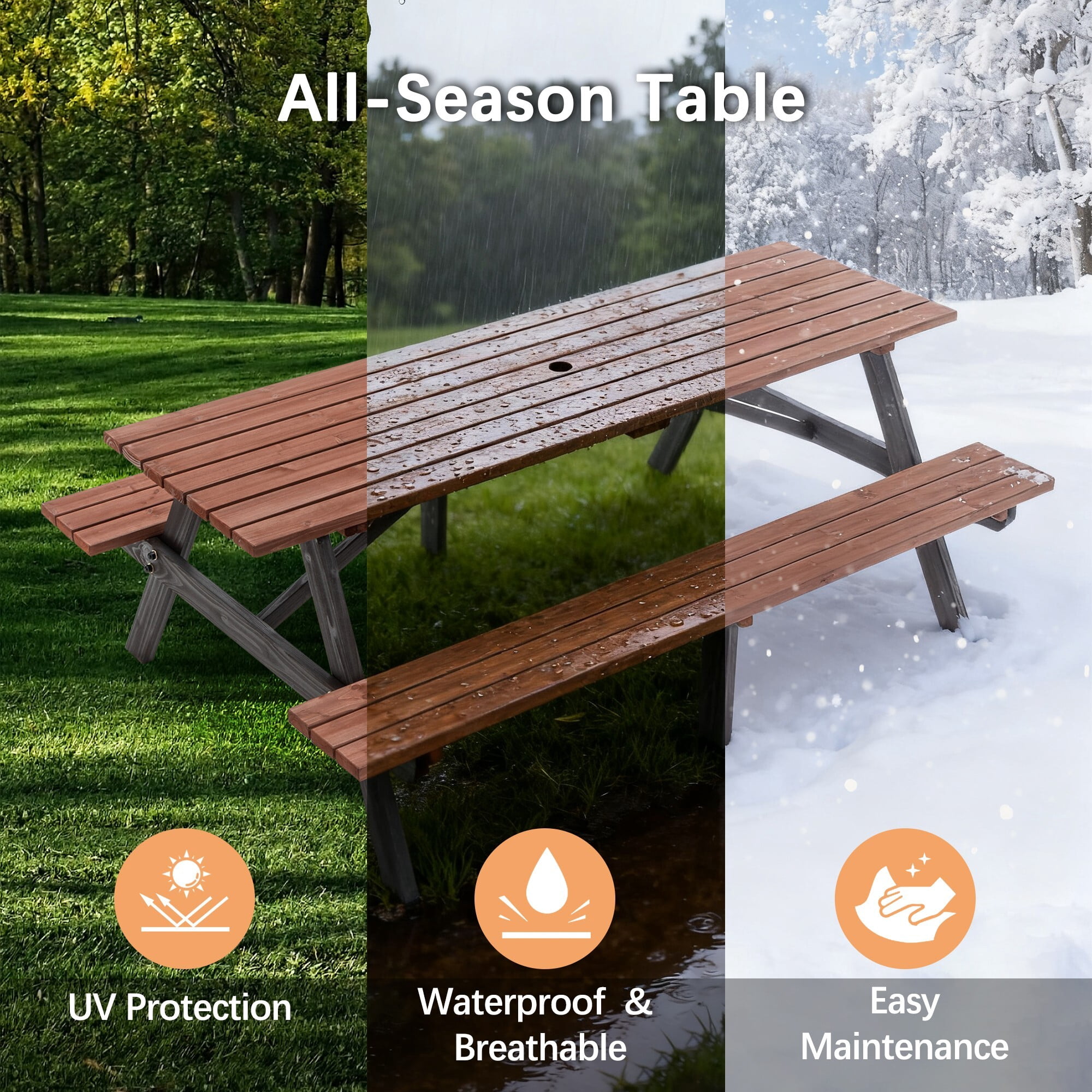 DEALTOPS 75" Two-Tone Wooden Picnic Table Seats 8, 2200lb Heavy Duty Outdoor Dining Set, Black & Brown