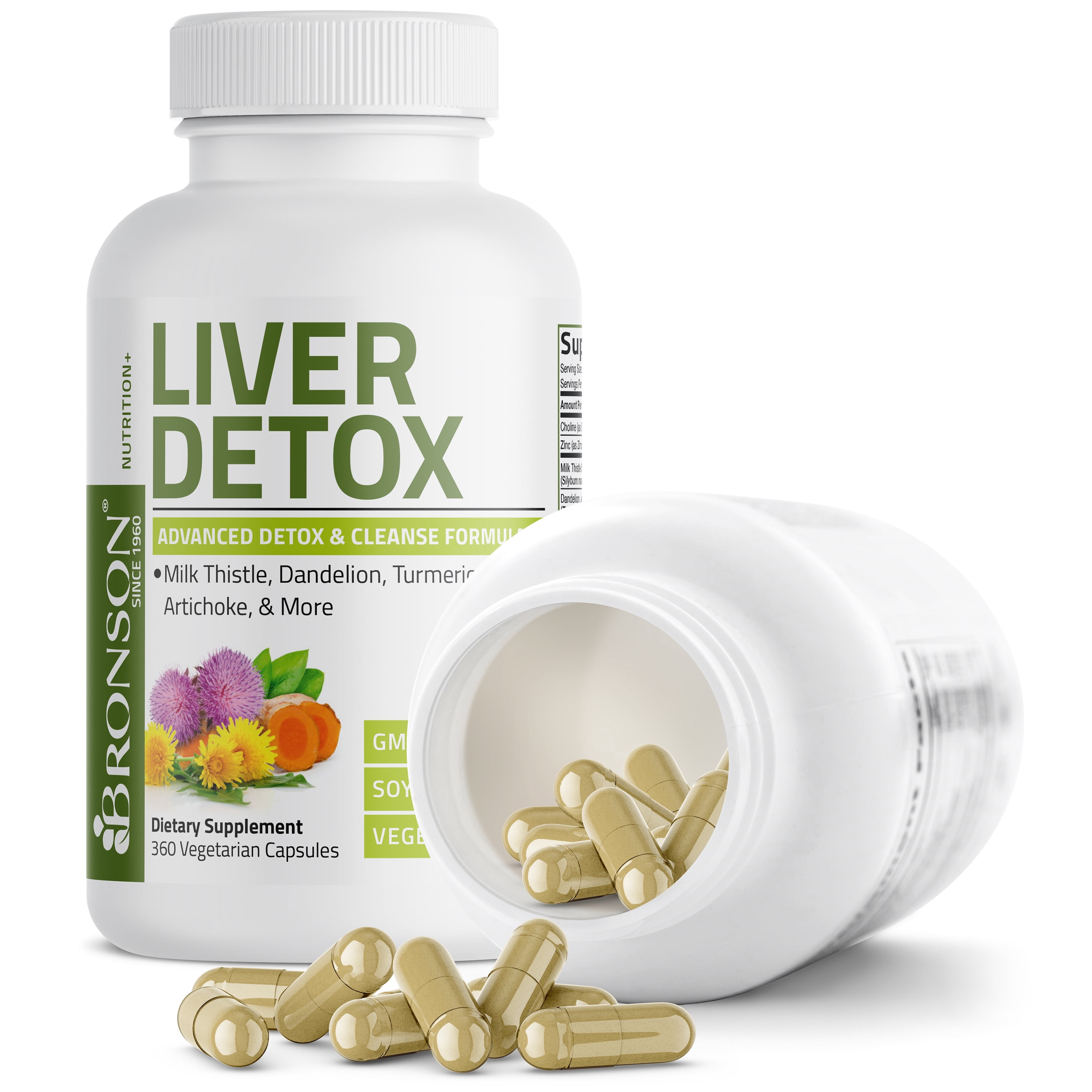 Bronson Liver Detox Advanced Detox & Cleansing Formula Supports Health Liver Function with Milk Thistle, Dandelion Root, Turmeric, Artichoke Leaf & More, Non-GMO, 360 Vegetarian Capsules