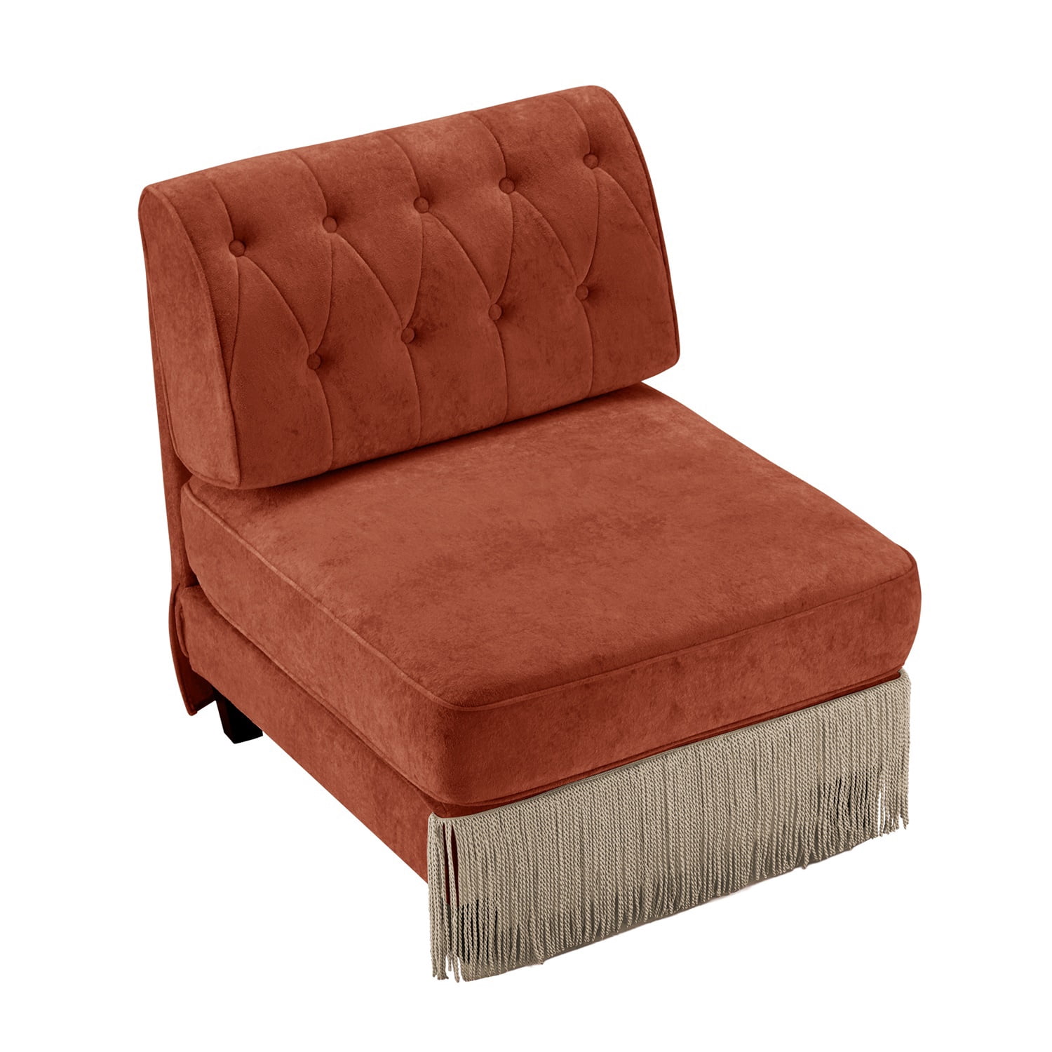 Hommoo Comfort Velvet Fabric Armless Sofa, Button Tufted Design & Floor-grazing Tassel, Red Brown