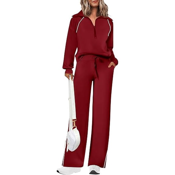 PRETTYGARDEN Women's 2 Piece Outfits Casual Lapel Half Zip Sweatshirts and Wide Leg Pants Tracksuit Sets