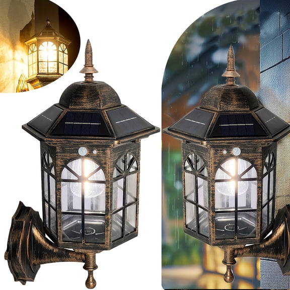 2 Pack Solar Wall Lanterns, Dusk to Dawn Outdoor Wall Sconces, 3 Modes Waterproof LED Wall Lights, Front Porch Security Lamps for Patio Garage Decorative