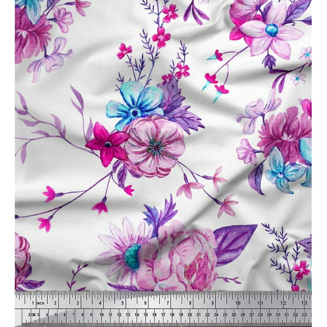 Soimoi Blue Silk Fabric Leaves & Floral Decor Fabric Printed BTY 42 Inch Wide