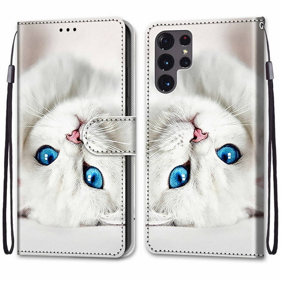 SaniMore for Samsung Galaxy S22 Ulltra 6.8" 2022 PU Leather Case with Card Slots Detchable Lanyard Color Painting Luxury Pattern Flip Kickstand Shcokproof Wallet Case For Galaxy S22 Ultra, White Cat