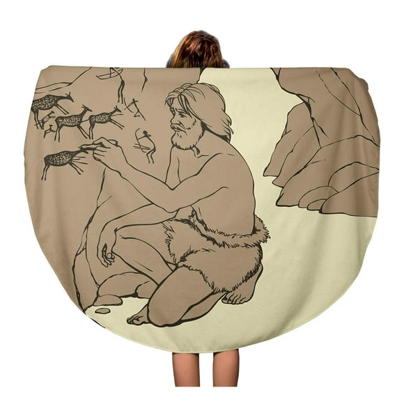 JSDART 60 inch Round Beach Towel Blanket Outline Doodle Drawn Archaic Aged Male Person in Loincloth Travel Circle Circular Towels Mat Tapestry Beach Throw