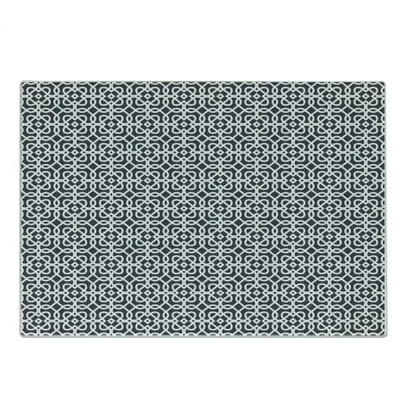 Geometric Cutting Board, Dark Toned Background Swirled Lines Squares Rectangles Abstract Motif, Decorative Tempered Glass Cutting and Serving Board, Small Size, Charcoal Grey White, by Ambesonne