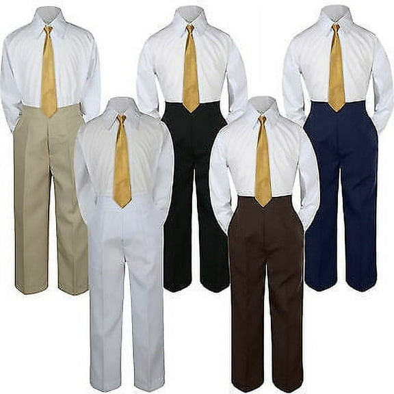 3pc Boys Suit Set Gold Necktie Baby Toddler Kids Formal Shirt Pants S-7 Wedding