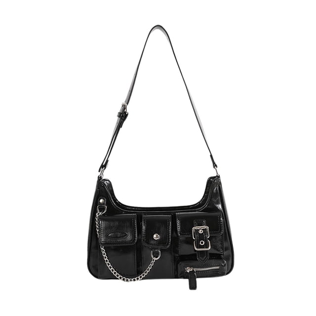 Bolso de Hombro Fernando Monedero Retro Informal Y2K Negra elegante con cremallera cuero PU